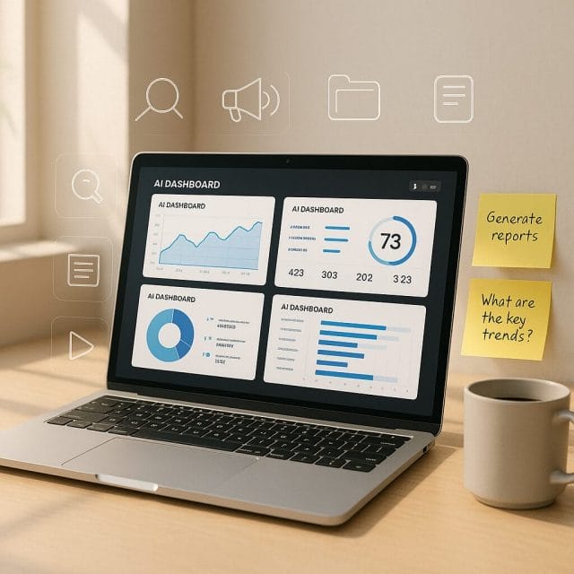 A modern workspace scene with a laptop displaying multiple AI dashboards, sticky notes with prompts, and a coffee mug. Sunlit desk, minimalist aesthetic, subtle brand neutral icons for research, ads, ecommerce, documentation, video, and projects layered as holographic overlays.