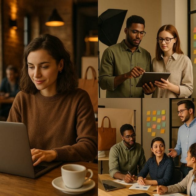 A photorealistic collage of three small business personas. Freelancer at a cafe drafting posts on a laptop. Ecommerce team in a studio reviewing product mockups with a tablet. Agency group in a meeting room planning campaigns with sticky notes and a big screen. Warm lighting, professional look, diverse team representation.
